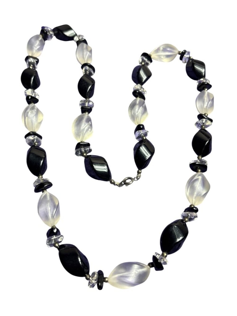 Vintage Black and Clear Plastic Beaded Necklace Silvertone Spring Ring 29 inches